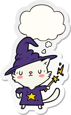 insan tarafından çizilmiş bir çıkartma olarak düşünce baloncuğu ile çizgi film kedi sihirbazı