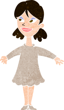 Bir insan tarafından çizilmiş açık kollu çizgi film kadını.