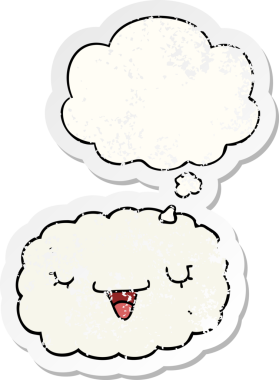 Düşünce baloncuklu karikatür bulutu bir insan tarafından çizilmiş yıpranmış bir çıkartma gibi.