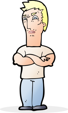 Bir insan tarafından çizilmiş kolları katlanmış, rahatsız bir adam.