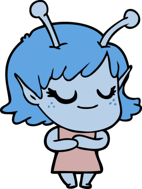 Bir insan tarafından çizilmiş gülümseyen uzaylı kız çizgi filmi.