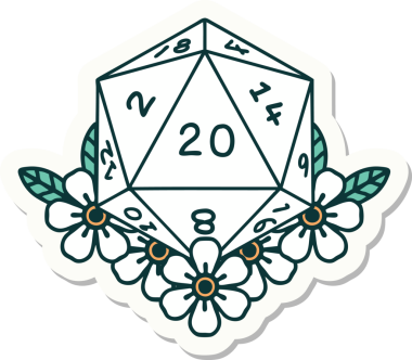 Bir insan tarafından çizilmiş 20 D20 zarının etiketi.