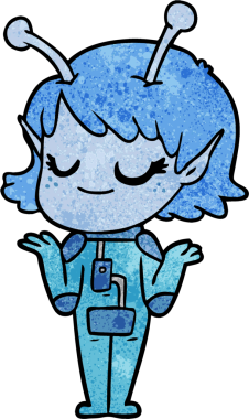 Bir insan tarafından çizilmiş gülümseyen uzaylı kız çizgi filmi.