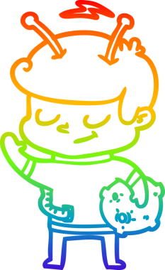 Gökkuşağı gradyan çizimi. Bir insan tarafından çizilmiş meteor tutan bir uzay adamı çizimi.