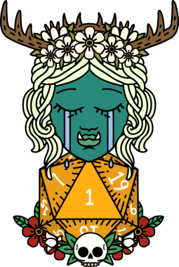 Retro Dövme Tarzı Hüzünlü Yarı Ork Druid Karakteri Bir zar bir insan tarafından çizilmiş