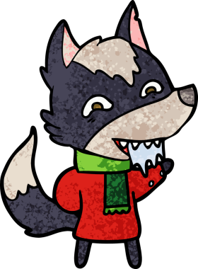 Bir insan tarafından çizilmiş kışın giydirilmiş aç kurt çizgi filmi.