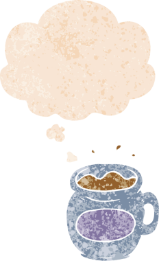 Düşünce baloncuklu çizgi film kahve fincanı grunge sıkıntılı retro dokuma tarzı bir insan tarafından çizilmiş