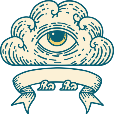 Geleneksel dövme. Her şeyi gören bir göz bulutu şeklinde. Bir insan tarafından çizilmiş.