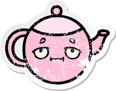 Bir insan tarafından çizilmiş şirin bir karikatür çaydanlığının sıkıntılı çıkartması.