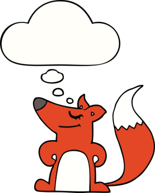 Bir insan tarafından çizilmiş düşünce baloncuklu çizgi film tilkisi.