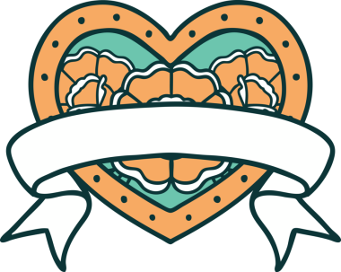 İkonik dövme stili bir kalp ve bir insan tarafından çizilmiş çiçekli pankart.