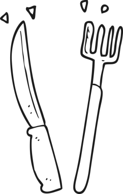 Bir insan tarafından çizilmiş siyah beyaz karikatür bıçağı ve çatal.