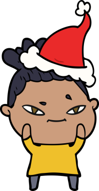 Bir insan tarafından çizilmiş Noel Baba şapkası giyen bir kadının el çizimi.