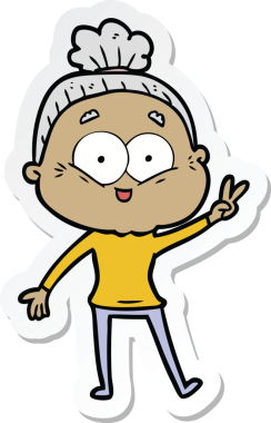 Bir insan tarafından çizilmiş mutlu yaşlı bir kadının çıkartması.