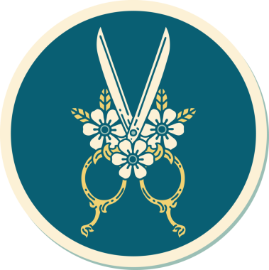 Bir insan tarafından çizilmiş geleneksel makas ve çiçek stili dövme çıkartması.