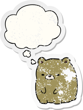 Düşünce baloncuğu olan karikatür üzgün ayı, bir insan tarafından çizilmiş yıpranmış bir çıkartma gibi.