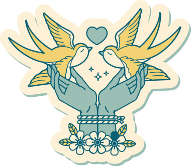 Bir insan tarafından çizilmiş geleneksel eller ve kırlangıçlar stiliyle dövme çıkartması.