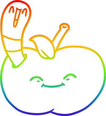 Bir insan tarafından çizilmiş elmanın içindeki mutlu solucanın çizgi çizimi.