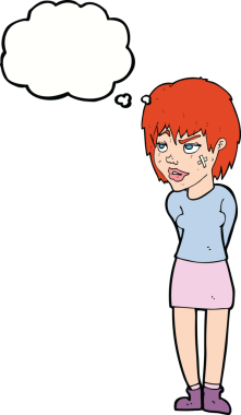 Yüzünde alçı olan, bir insan tarafından çizilmiş düşünce balonu olan karikatür kadın.