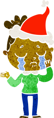 Bir insan tarafından çizilmiş Noel Baba şapkası takan ağlayan bir kadının el çizimi karikatürü.