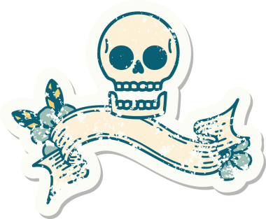 Bir insan tarafından çizilmiş kafatasının pankartıyla eski bir etiket.