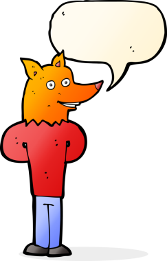 Bir insan tarafından çizilmiş konuşma balonlu tilki adam.