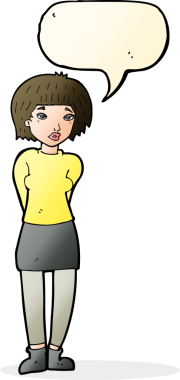 bir insan tarafından çizilmiş konuşma balonu olan utangaç bir kadın.