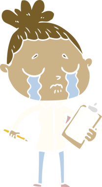 Bir insan tarafından çizilmiş düz renkli çizgi film ağlayan satış elemanı.