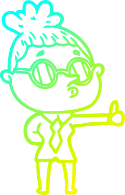 Bir insan tarafından çizilmiş gözlük takan çizgi film kadını çizimi.