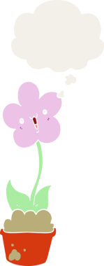 Bir insan tarafından çizilmiş düşünce baloncuğu olan sevimli bir karikatür çiçeği.