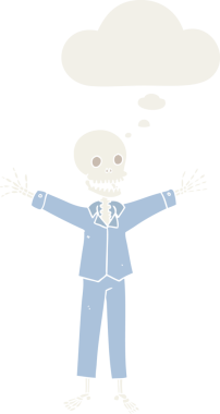 Düşünce baloncuklu pijama giyen bir insan tarafından çizilmiş karikatür iskeleti.