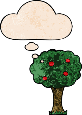 bir insan tarafından çizilmiş grunge desenli düşünce baloncuğu olan elma ağacı çizgi filmi.