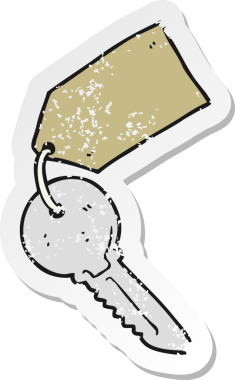 İnsan etiketiyle çizilmiş bir çizgi film anahtarının gerilimli retro etiketi