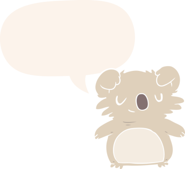 Konuşma baloncuğu olan sevimli çizgi film koalası bir insan tarafından çizilmiş.