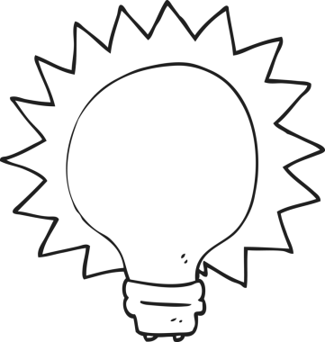 Bir insan tarafından çizilmiş siyah beyaz çizgi film ampulü.