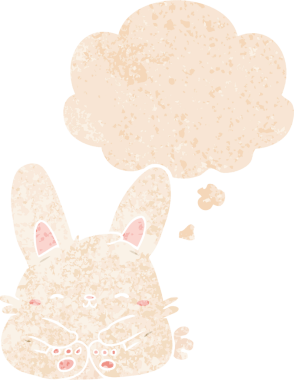 Düşünce baloncuklu çizgi film tavşanı grunge dertli eski moda bir insan tarafından çizilmiş.