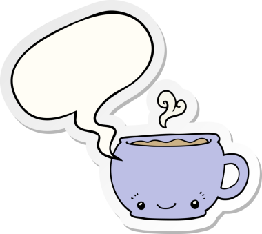 Bir insan tarafından çizilmiş konuşma balonu çıkartmalı bir fincan sıcak kahve.