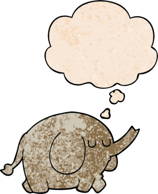 Bir insan tarafından çizilmiş grunge desenli düşünce baloncuklu çizgi film fili.