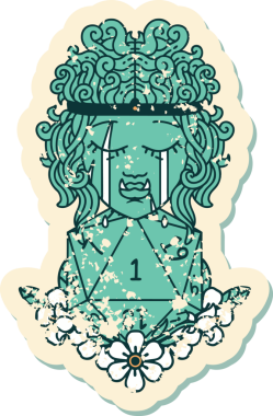 Retro Dövme Tarzı Hüzünlü Ork Barbar Karakter Yüzü Doğal bir D20 ruloyla Bir insan tarafından çizilmiş