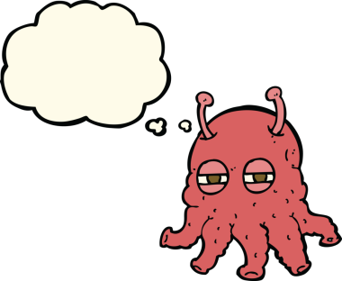 Bir insan tarafından çizilmiş düşünce baloncuklu uzaylı yüzü.