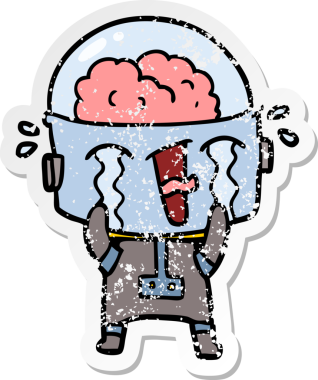 Bir insan tarafından çizilmiş, karikatür ağlayan robot çıkartması.