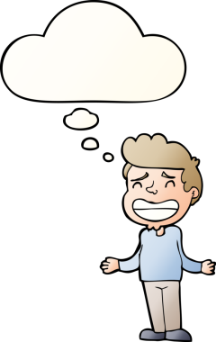 Çizgi filmci çocuk bir insan tarafından çizilmiş yumuşak eğimli düşünce baloncuğuyla omuz silkiyor.