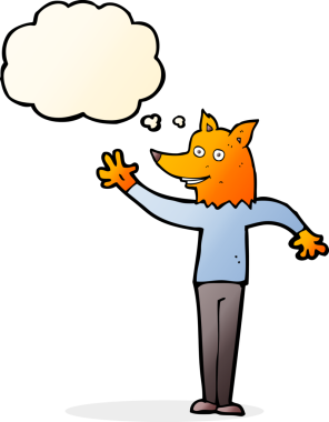 Bir insan tarafından çizilmiş düşünce balonlu tilki adam.