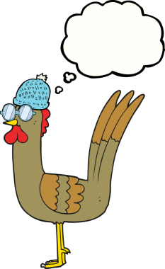 Bir insan tarafından çizilmiş gözlüklü ve şapkalı serbest çizilmiş düşünce balonu tavuğu.