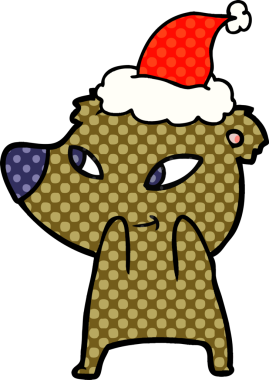 Bir insanın çizdiği Noel Baba şapkası takan bir ayının çizdiği çizgi roman çizimi.