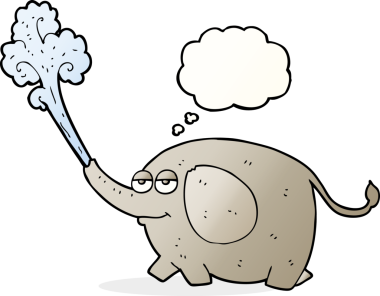 Serbest çizim düşünce balonu karikatür fili bir insan tarafından çizilmiş su fışkırtıyor.