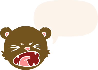 Bir insan tarafından çizilmiş eski tarz konuşma baloncuğu olan sevimli oyuncak ayı yüzlü çizgi film.