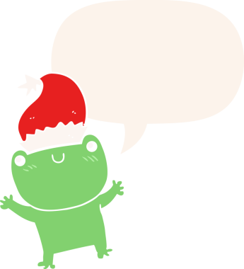 Bir insan tarafından çizilmiş konuşma baloncuklu Noel şapkası takan sevimli bir kurbağa.