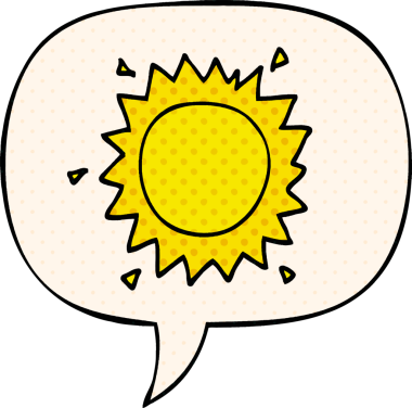 Bir insan tarafından çizilmiş çizgi roman tarzında konuşma baloncuğu olan bir çizgi film güneşi.