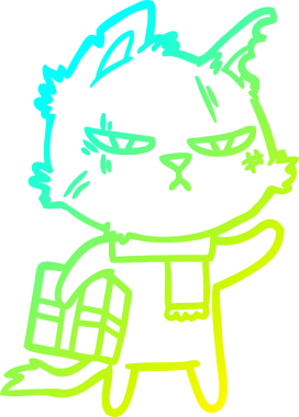 Sert bir çizgi film kedisinin soğuk gradyan çizimi. Bir insan tarafından çizilmiş noel hediyesi.